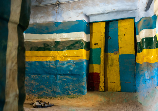 Colorful painted stairs in a traditional mud house, Asir province, Dahran Aljanub, Saudi Arabia