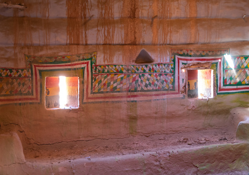 Al-qatt al-asiri female interior window decoration in an abandonned house, Asir province, Sarat Abidah, Saudi Arabia