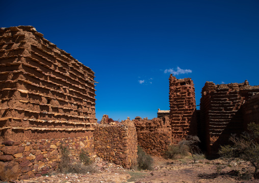 Red stone and mud houses with slates in a village, Asir province, Sarat Abidah, Saudi Arabia