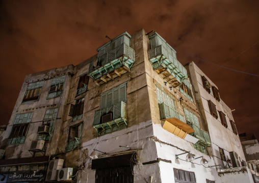 Historic house with wooden mashrabiyas in al-Balad quarter at night, Mecca province, Jeddah, Saudi Arabia