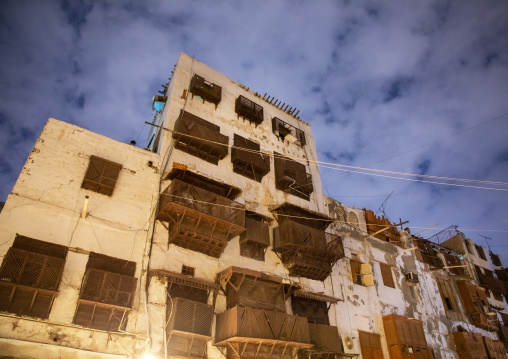 Historic house with wooden mashrabiyas in al-Balad quarter at night, Mecca province, Jeddah, Saudi Arabia