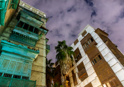 Historic house with wooden mashrabiyas in al-Balad quarter at night, Mecca province, Jeddah, Saudi Arabia