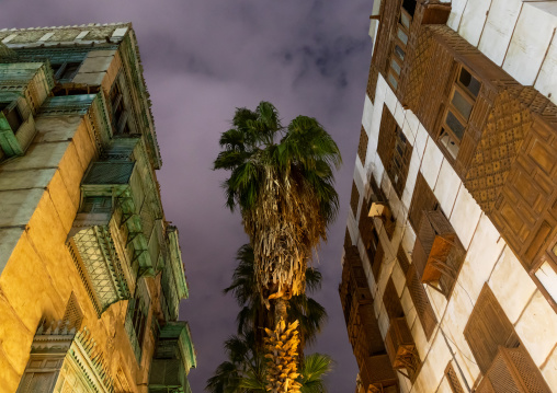 Historic house with wooden mashrabiyas in al-Balad quarter at night, Mecca province, Jeddah, Saudi Arabia