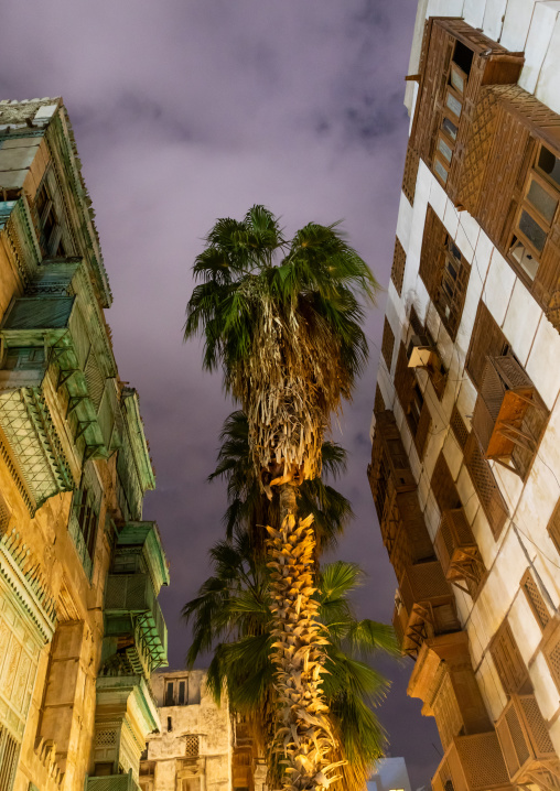 Historic house with wooden mashrabiyas in al-Balad quarter at night, Mecca province, Jeddah, Saudi Arabia