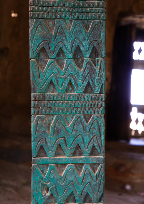 Wooden pillar in an old house of al-Namas fort, Al-Bahah region, Altawlah, Saudi Arabia