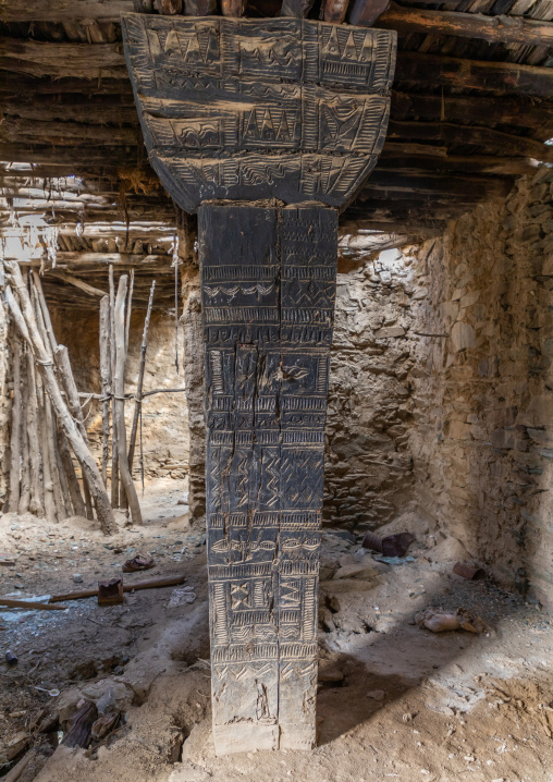 Wooden pillar in an old house of al-Namas fort, Al-Bahah region, Altawlah, Saudi Arabia