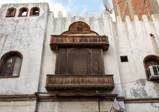 Wooden mashrabiya of an old house in al-Balad quarter, Mecca province, Jeddah, Saudi Arabia