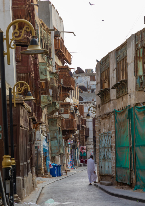 Old houses with wooden mashrabiyas in al-Balad quarter, Mecca province, Jeddah, Saudi Arabia