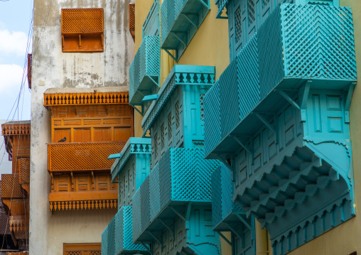 Old houses with wooden mashrabiyas in al-Balad quarter, Mecca province, Jeddah, Saudi Arabia