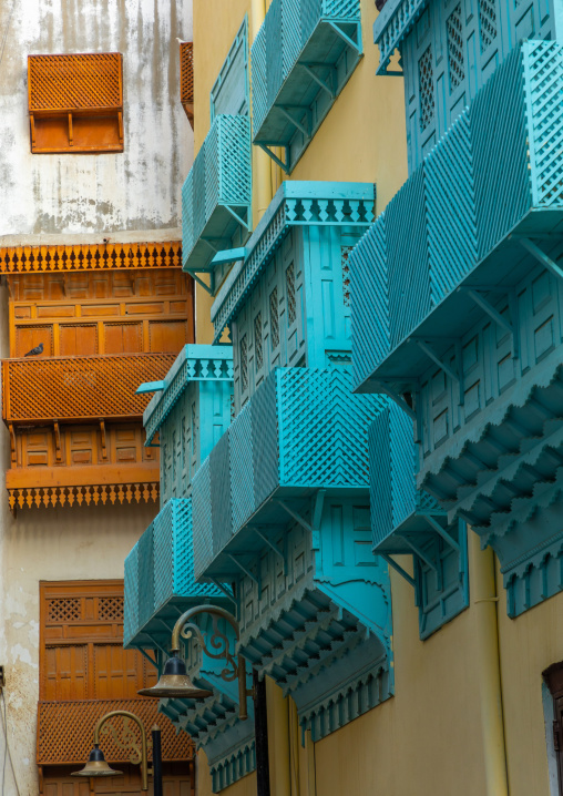 Old house with wooden mashrabiya in al-Balad quarter, Mecca province, Jeddah, Saudi Arabia