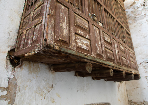 Wooden mashrabiya of an old house in al-Balad quarter, Mecca province, Jeddah, Saudi Arabia