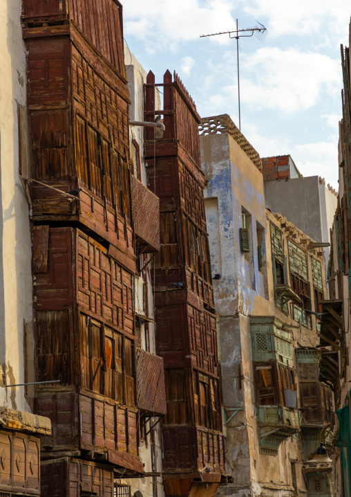 Old houses with wooden mashrabiyas in al-Balad quarter, Mecca province, Jeddah, Saudi Arabia