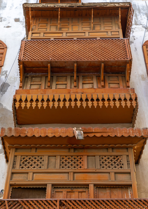 Old house with wooden mashrabiya in al-Balad quarter, Mecca province, Jeddah, Saudi Arabia