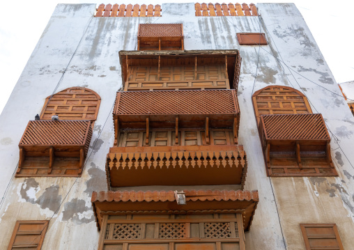 Old house with wooden mashrabiya in al-Balad quarter, Mecca province, Jeddah, Saudi Arabia