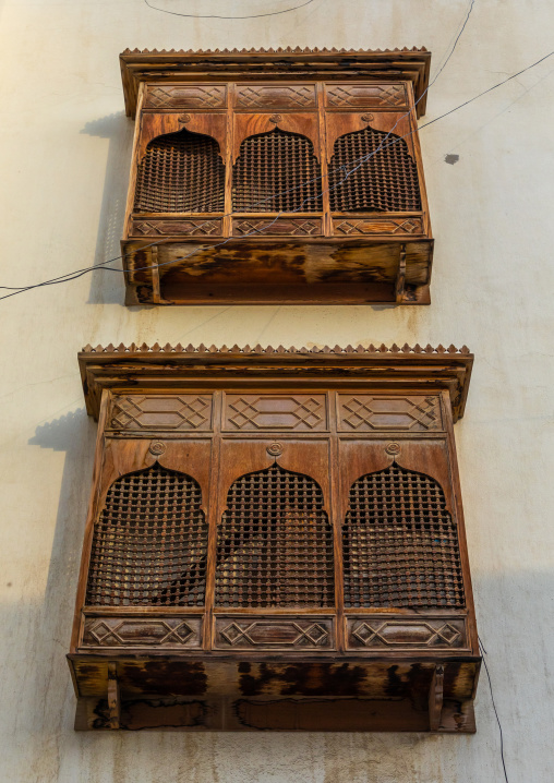 Wooden mashrabiya of an old house in al-Balad quarter, Mecca province, Jeddah, Saudi Arabia