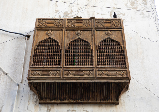 Wooden mashrabiya of an old house in al-Balad quarter, Mecca province, Jeddah, Saudi Arabia