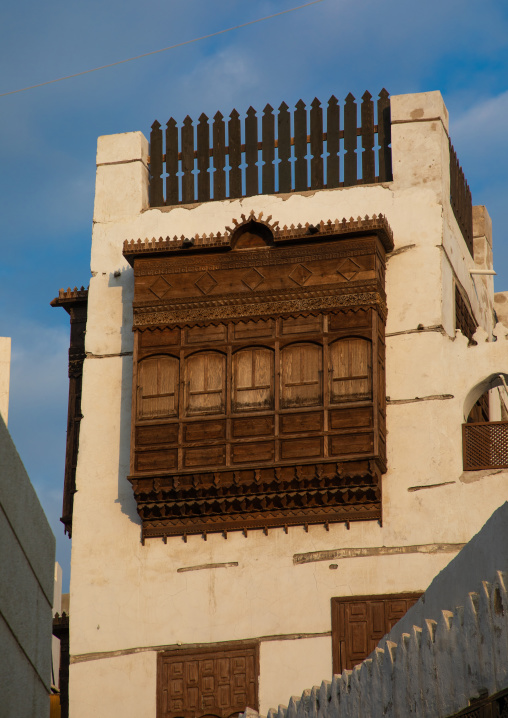 Wooden mashrabiya of an old house in al-Balad quarter, Mecca province, Jeddah, Saudi Arabia