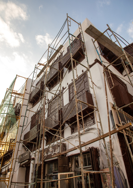 Restoration of an old house with wooden mashrabiyas in al-Balad quarter, Mecca province, Jeddah, Saudi Arabia