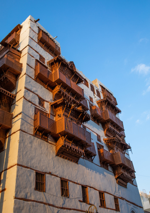 Old house with wooden mashrabiya in al-Balad quarter, Mecca province, Jeddah, Saudi Arabia