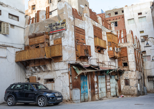 Old houses with wooden mashrabiyas in al-Balad quarter, Mecca province, Jeddah, Saudi Arabia