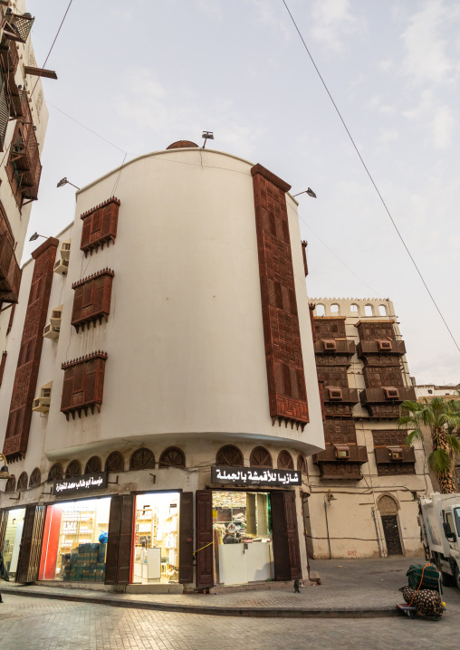 Old houses with wooden mashrabiyas in al-Balad quarter, Mecca province, Jeddah, Saudi Arabia