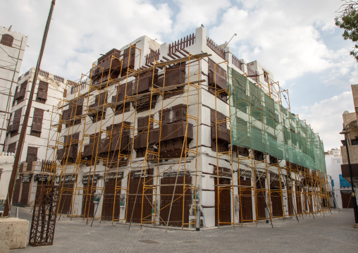 Restoration of an old house with wooden mashrabiyas in al-Balad quarter, Mecca province, Jeddah, Saudi Arabia