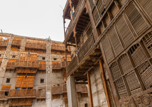 Old house with wooden mashrabiya in al-Balad quarter, Mecca province, Jeddah, Saudi Arabia