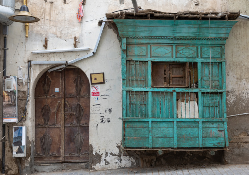 Wooden mashrabiya of an old house in al-Balad quarter, Mecca province, Jeddah, Saudi Arabia