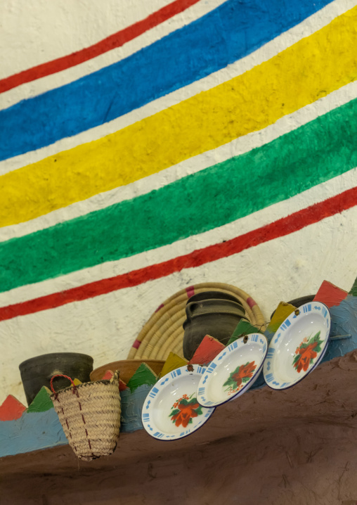 Decoration inside a traditional al Ousha Attiniya house, Jizan Province, Jizan, Saudi Arabia