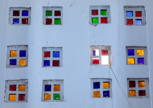 Al Nadji mosque stained windows decoration, Red Sea, Farasan, Saudi Arabia