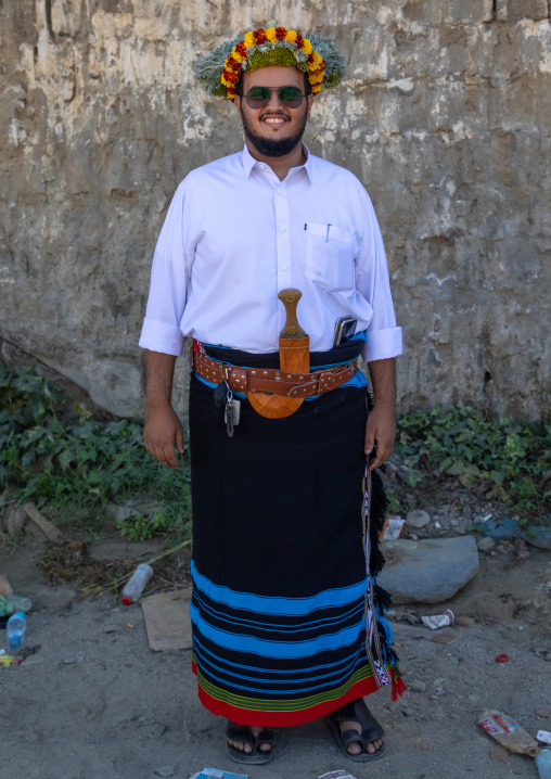 Portrait of a flower man wearing a floral crown on the head, Jizan Province, Addayer, Saudi Arabia