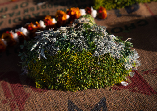 Floral garlands and crowns for sale on a market, Jizan Province, Mahalah, Saudi Arabia