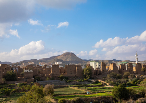 Aerial view of an old village with traditional mud houses, Asir province, Dhahran Al Janub, Saudi Arabia