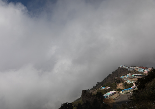 Mountainous village in the fog, Asir province, Abha, Saudi Arabia