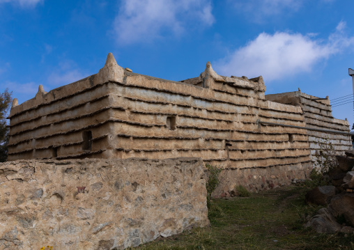 Stone and mud houses with slates in al Khalaf village, Asir province, Sarat Abidah, Saudi Arabia