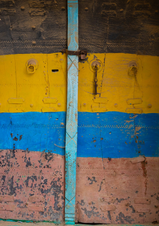 Old colorful door in al Khalaf village, Asir province, Sarat Abidah, Saudi Arabia