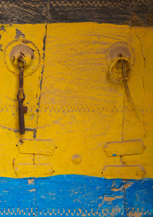 Old colorful door in al Khalaf village, Asir province, Sarat Abidah, Saudi Arabia