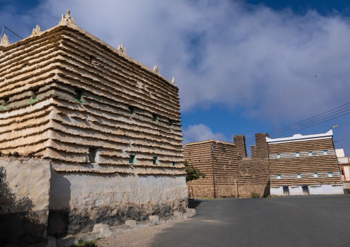 Stone and mud houses with slates in al Khalaf village, Asir province, Sarat Abidah, Saudi Arabia