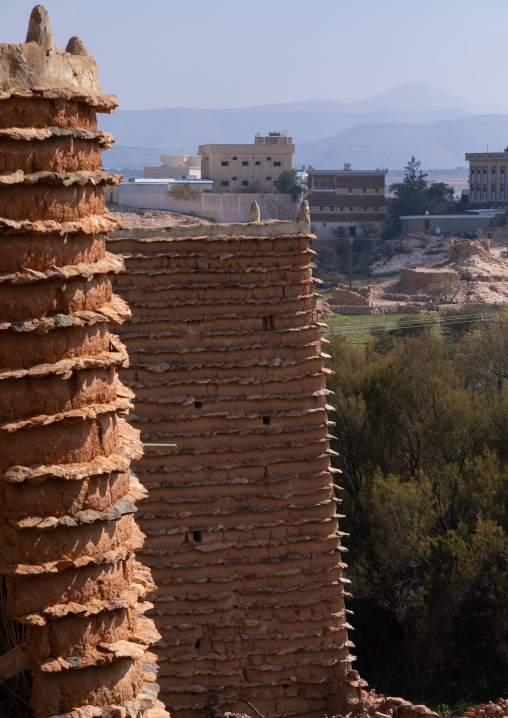 Aerial view of stone and mud watchtower with slates in a village, Asir province, Sarat Abidah, Saudi Arabia