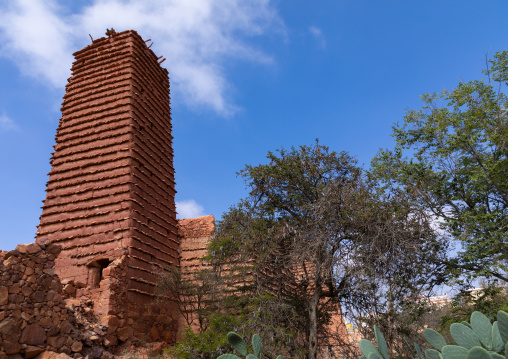 Aerial view of stone and mud watchtower with slates in a village, Asir province, Sarat Abidah, Saudi Arabia