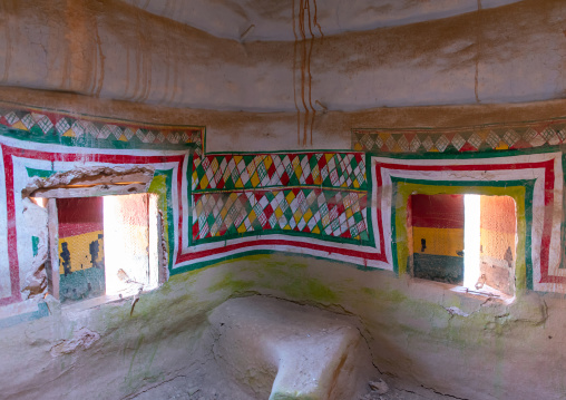 Al-qatt al-asiri traditionally female interior window decoration in an abandonned house, Asir province, Sarat Abidah, Saudi Arabia