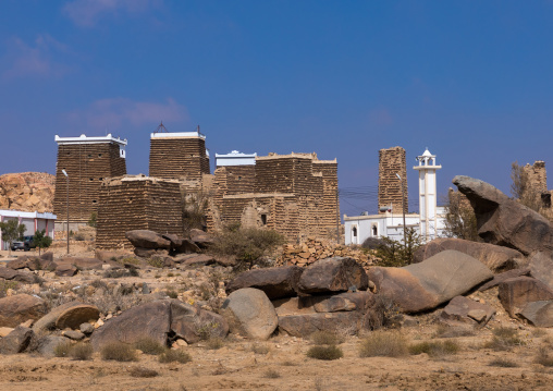 Stone and mud houses with slates in a village, Asir province, Sarat Abidah, Saudi Arabia