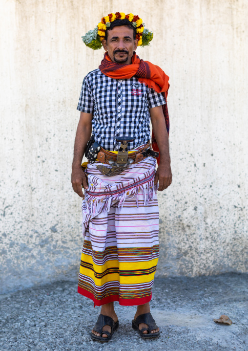 Portrait of a flower man wearing a floral crown on the head, Jizan Province, Addayer, Saudi Arabia