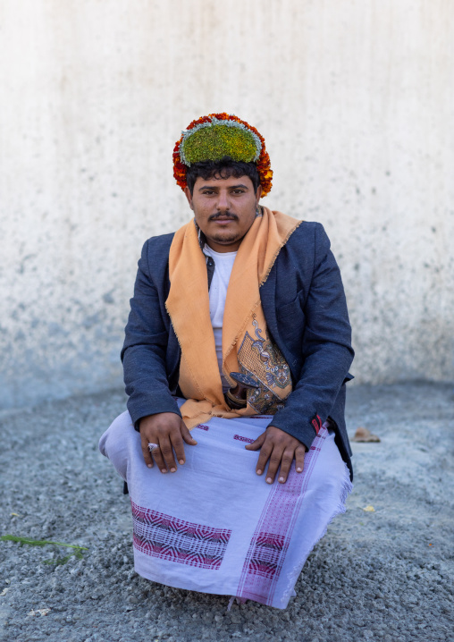 Portrait of a flower man wearing a floral crown on the head, Jizan Province, Addayer, Saudi Arabia