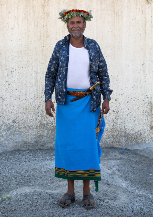 Portrait of a flower man wearing a floral crown on the head, Jizan Province, Addayer, Saudi Arabia