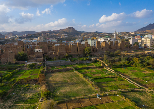 Aerial view of an old village with traditional mud houses, Asir province, Dhahran Al Janub, Saudi Arabia