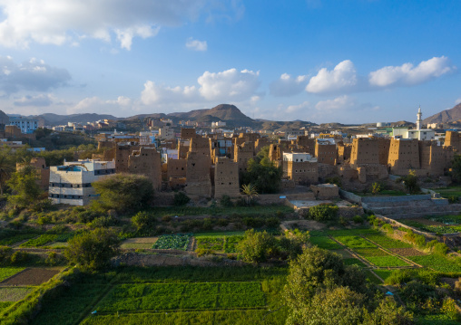 Aerial view of an old village with traditional mud houses, Asir province, Dhahran Al Janub, Saudi Arabia