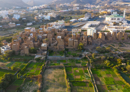 Aerial view of an old village with traditional mud houses, Asir province, Dhahran Al Janub, Saudi Arabia