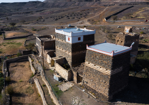 Aerial view of stone and mud houses with slates, Asir province, Sarat Abidah, Saudi Arabia