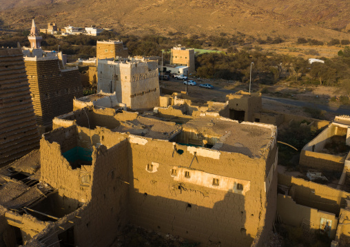 Aerial view of an old village with traditional mud houses, Asir province, Ahad Rufaidah, Saudi Arabia